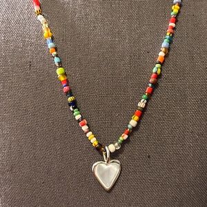 19” African Glass Bead Necklace with Sterling Silver Heart Charm * NEW *